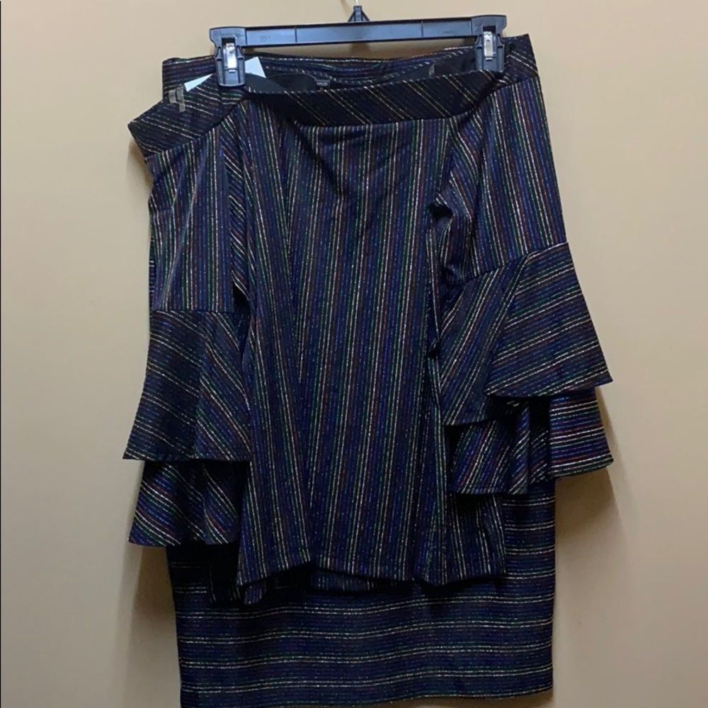 Black multi-colored top and skirt